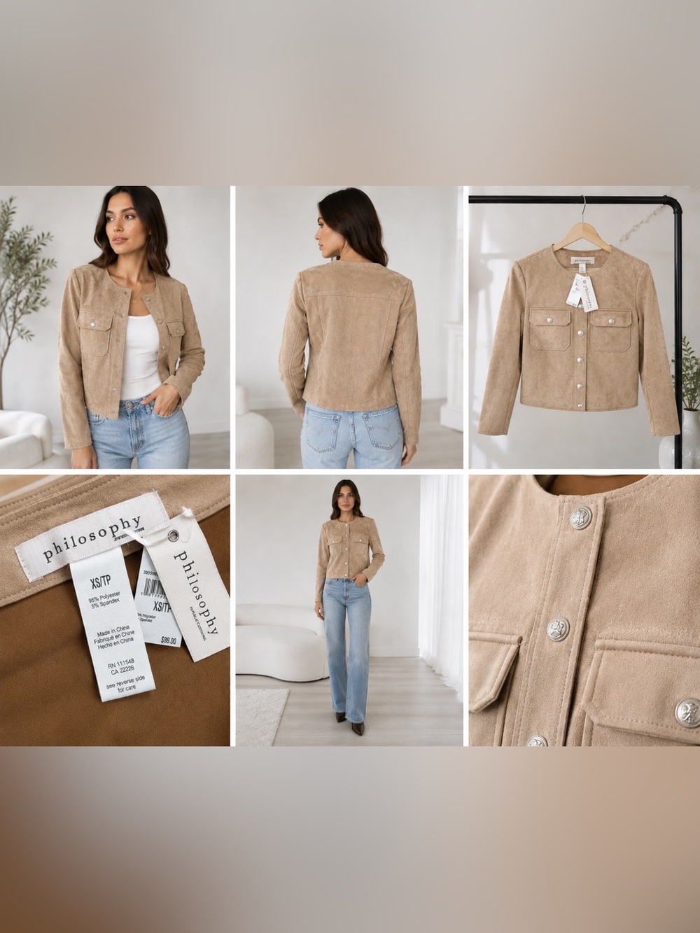 Philosophy Tan Suede Collarless Button Jacket